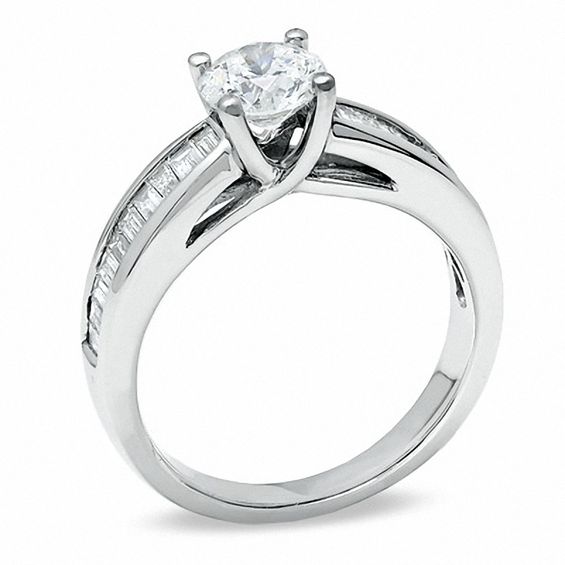 1-1/2 CT. T.w. Round Diamond Engagement Ring in 14K White Gold with Baguette Sidestones