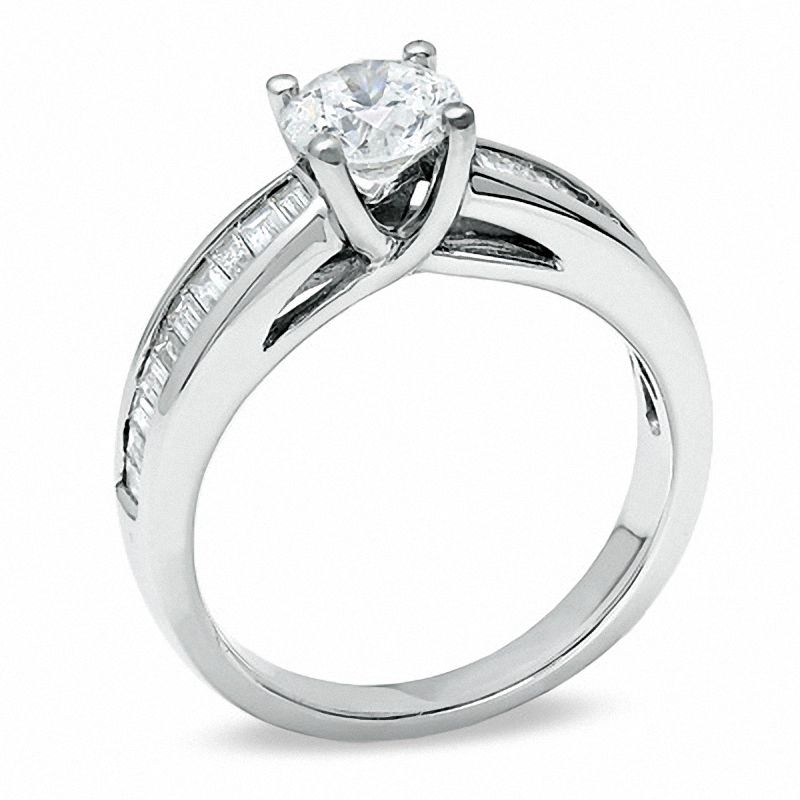 1-1/2 CT. T.W. Round Diamond Engagement Ring in 14K White Gold with Baguette Sidestones