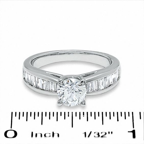 1-1/2 CT. T.w. Round Diamond Engagement Ring in 14K White Gold with Baguette Sidestones