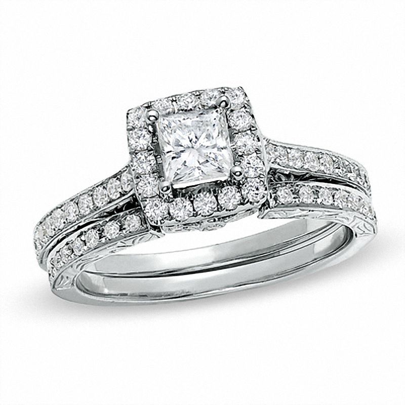 Main Image 1 of Celebration Lux® 1 CT. T.W. Princess-Cut Diamond Framed Bridal Set in 18K White Gold (H-I/SI1-SI2)