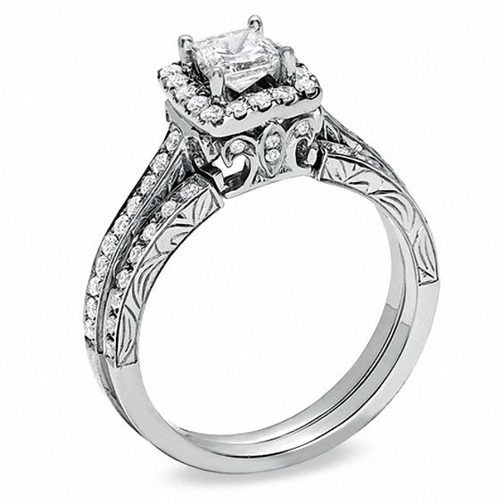 Celebration LuxÂ® 1 CT. T.w. Princess-Cut Diamond Framed Bridal Set in 18K White Gold (H-I/Si1-Si2)