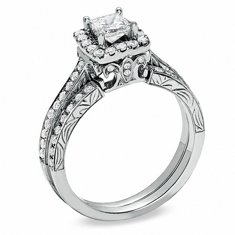 Main Image 2 of Celebration Lux® 1 CT. T.W. Princess-Cut Diamond Framed Bridal Set in 18K White Gold (H-I/SI1-SI2)