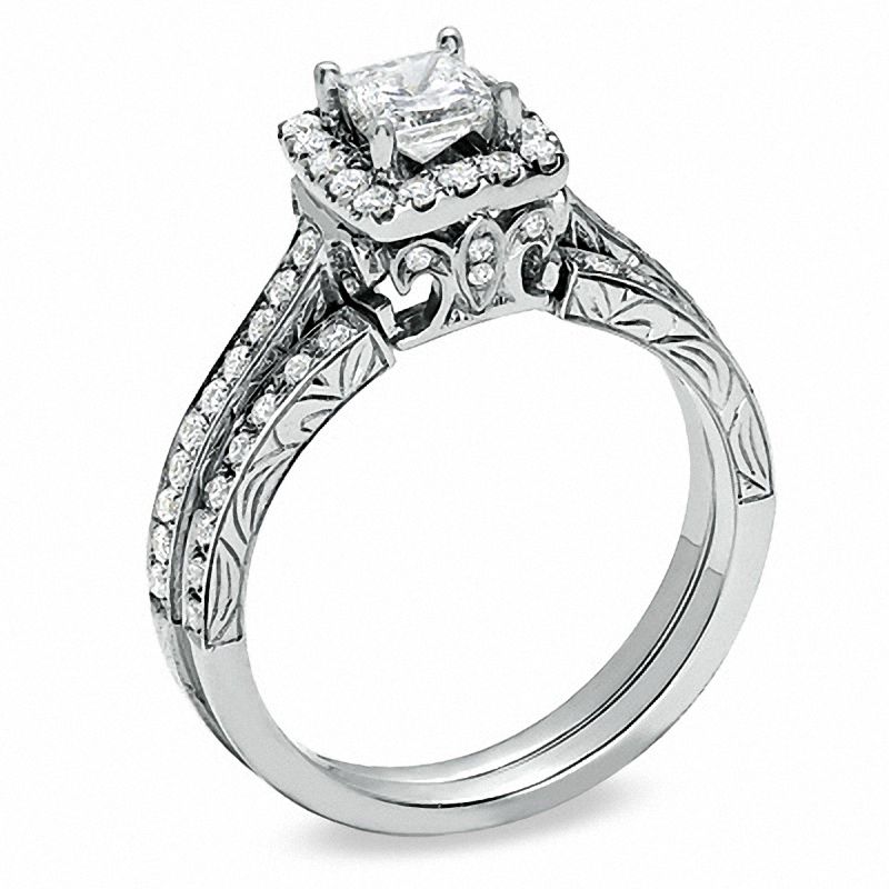 Celebration Lux® 1 CT. T.W. Princess-Cut Diamond Framed Bridal Set in 18K White Gold (H-I/SI1-SI2)