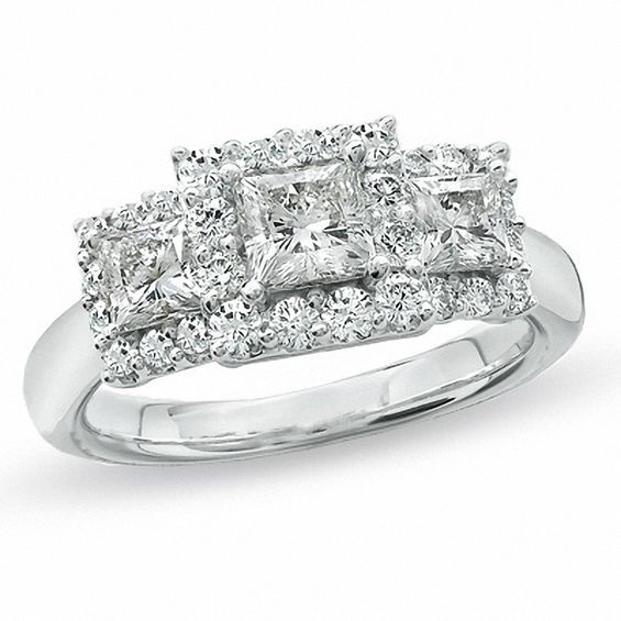 Celebration Lux® 1-1/2 CT. T.W. Princess-Cut Diamond Three Stone Framed Ring in 18K White Gold (I/SI2) Celebration Lux® 1-1/2 CT. T.W. Princess-Cut Diamond Three Stone Framed Ring in 18K White Gold (I/SI2)