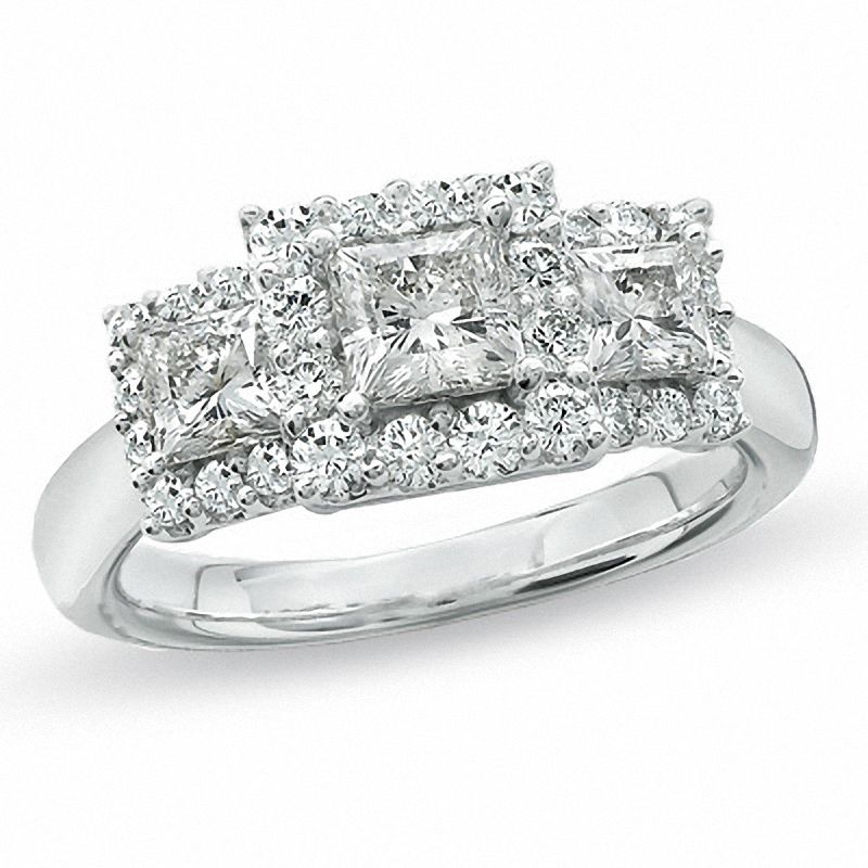 Main Image 1 of Celebration Lux® 1-1/2 CT. T.W. Princess-Cut Certified Diamond Three Stone Framed Ring in 18K White Gold (I/SI2)