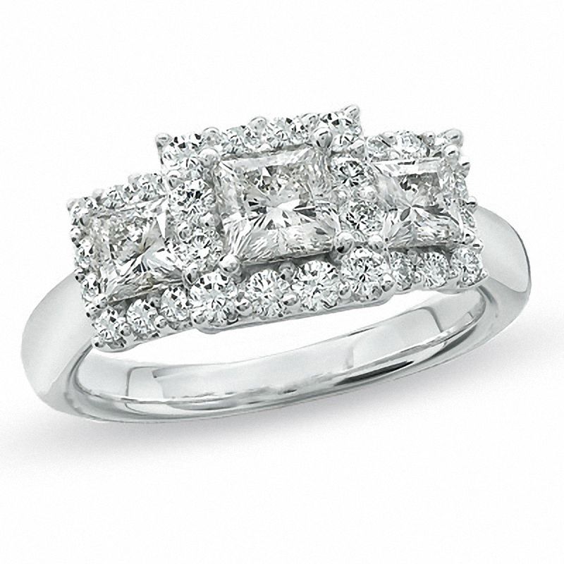 Celebration Lux® 1-1/2 CT. T.W. Princess-Cut Diamond Three Stone Framed Ring in 18K White Gold (I/SI2)