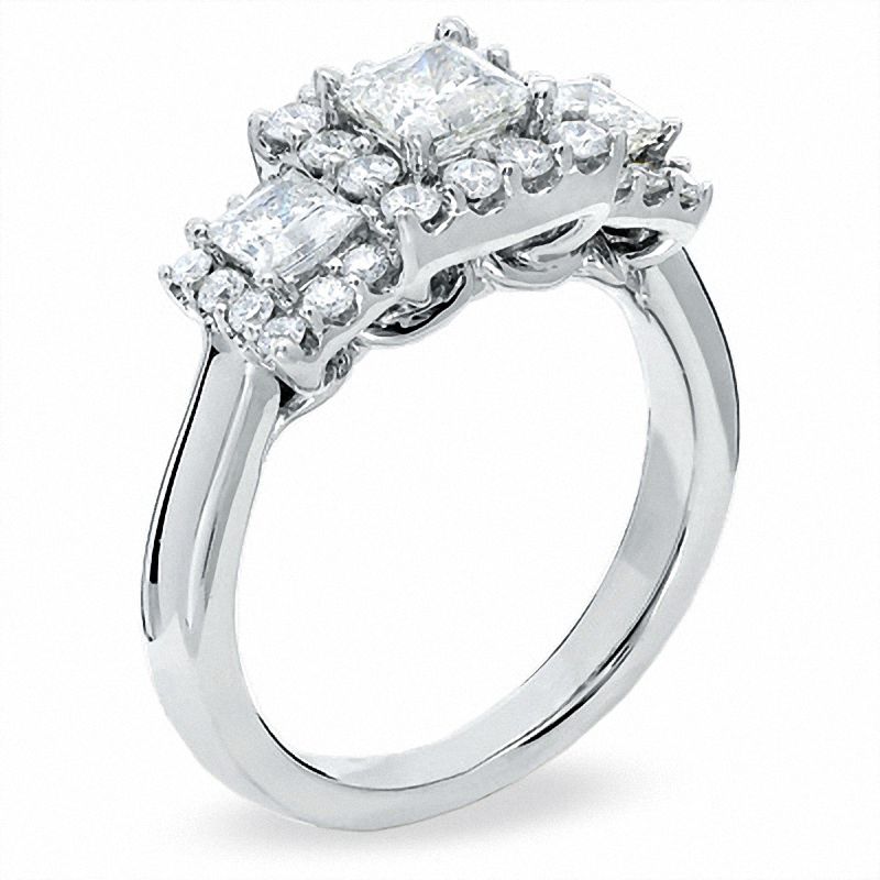 Main Image 2 of Celebration Lux® 1-1/2 CT. T.W. Princess-Cut Certified Diamond Three Stone Framed Ring in 18K White Gold (I/SI2)