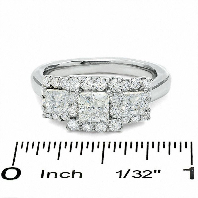 Main Image 3 of Celebration Lux® 1-1/2 CT. T.W. Princess-Cut Certified Diamond Three Stone Framed Ring in 18K White Gold (I/SI2)