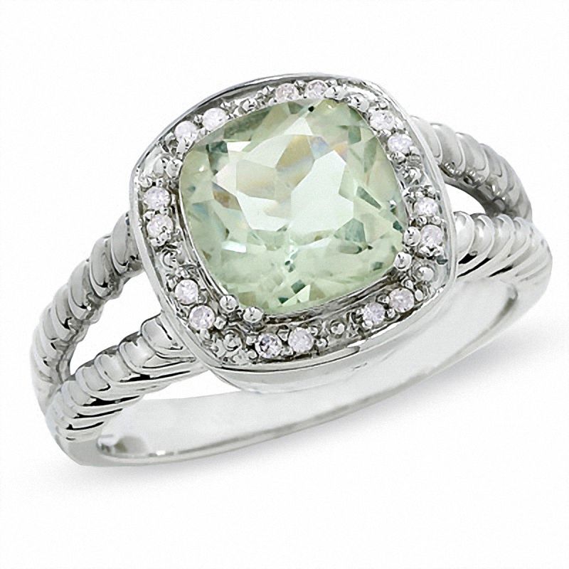 Main Image 1 of Cushion-Cut Green Quartz in Sterling Silver with Diamond Accents