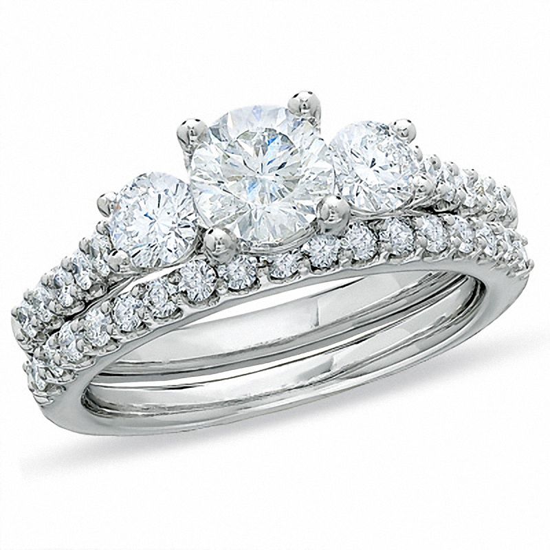 Main Image 1 of Celebration Lux® 1-1/2 CT. T.W. Certified Diamond Three Stone Bridal Set in 18K White Gold (I/SI2)