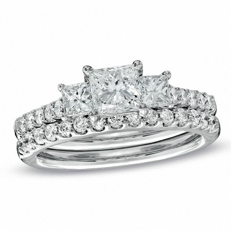 Main Image 1 of Celebration Lux® 1-1/2 CT. T.W. Princess-Cut Certified Diamond Three Stone Bridal Set in 18K White Gold (I/SI2)