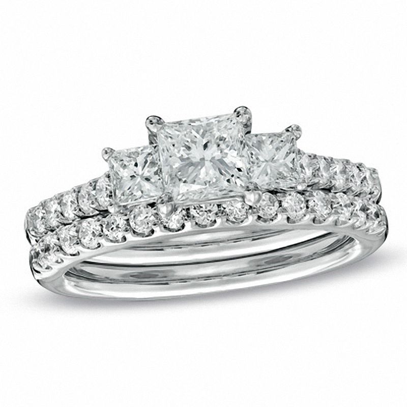 Celebration Lux® 1-1/2 CT. T.W. Princess-Cut Diamond Three Stone Bridal Set in 18K White Gold (I/SI2)