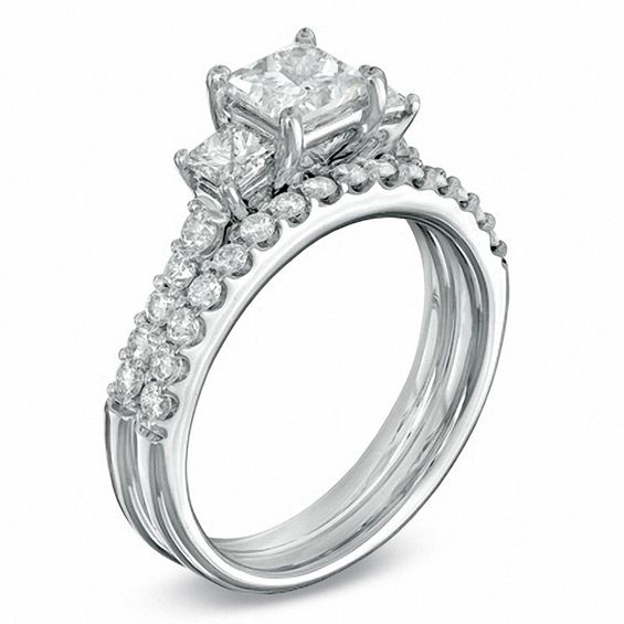 Celebration LuxÂ® 1-1/2 CT. T.w. Princess-Cut Certified Diamond Three Stone Bridal Set in 18K White Gold (I/Si2)