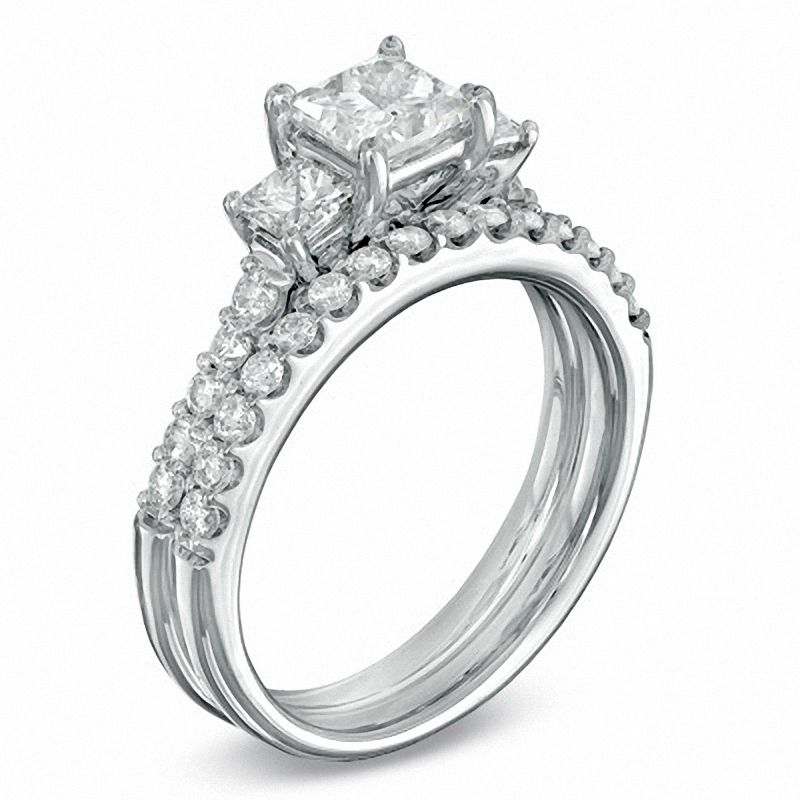 Main Image 2 of Celebration Lux® 1-1/2 CT. T.W. Princess-Cut Certified Diamond Three Stone Bridal Set in 18K White Gold (I/SI2)