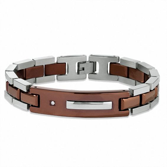Two-Tone Brown Stainless Steel ID Bracelet with Diamond Accents