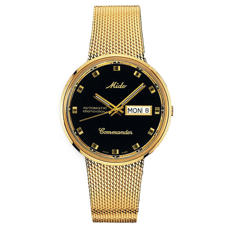 Men's MIDO® Commander Gold-Tone Mesh Automatic Watch with Black Dial (Model: M8429.3.28.13)
