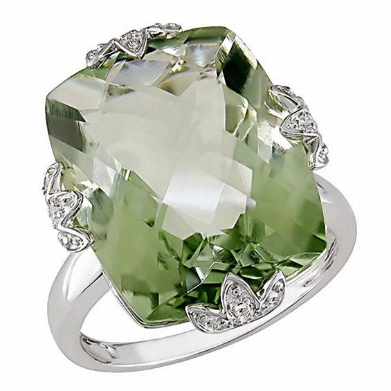 Cushion-Cut Green Quartz and Diamond Accent Overlay Ring in 14K White Gold