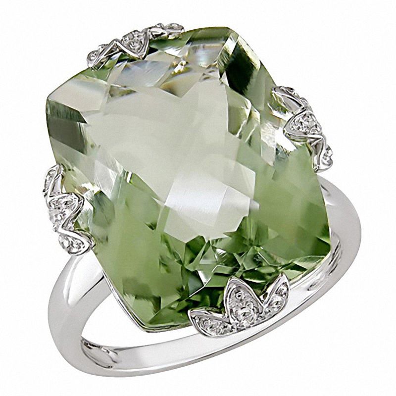 Main Image 1 of Cushion-Cut Green Quartz and Diamond Accent Overlay Ring in 14K White Gold