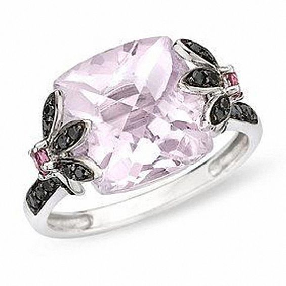 Kunzite and Pink Tourmaline Ring in 14K White Gold with Black Diamonds