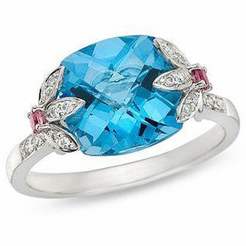 Blue Topaz and Pink Tourmaline Ring in 10K White Gold with Diamond Accents
