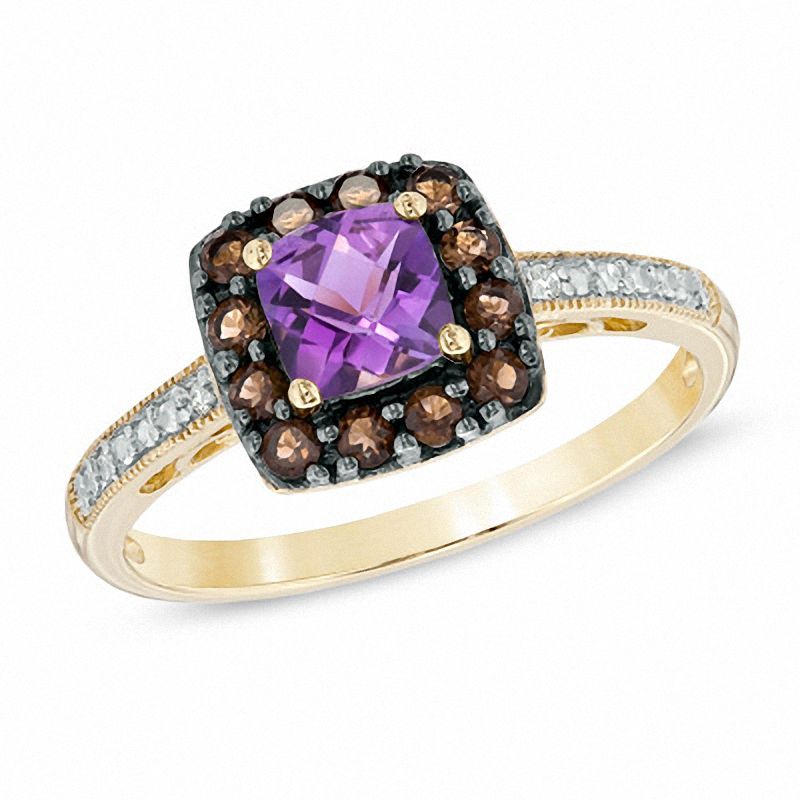 Main Image 1 of Cushion-Cut Amethyst and Smoky Quartz Ring in 10K Gold with Diamond Accents - Size 7