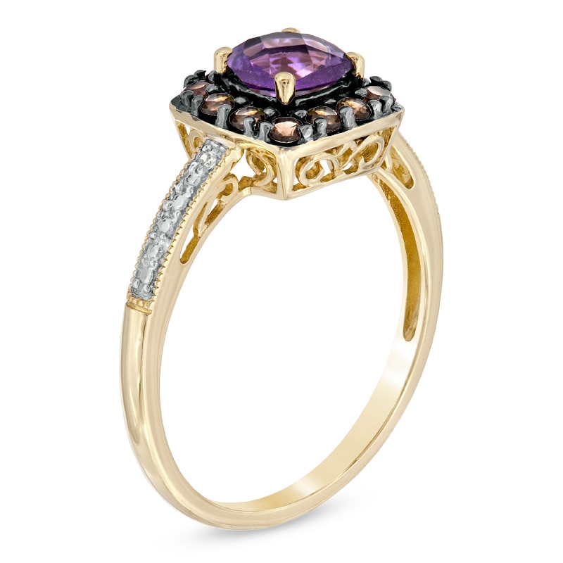 Cushion-Cut Amethyst and Smoky Quartz Ring in 10K Gold with Diamond Accents - Size 7