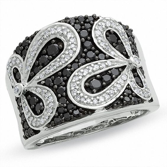 1 CT. T.w. Enhanced Black and White Diamond Daisy Flower Ring in 14K White Gold