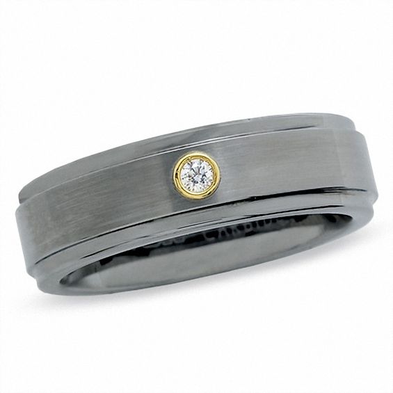 Diamond Accent Wedding Band in Tungsten and 18K White Gold - Size 10