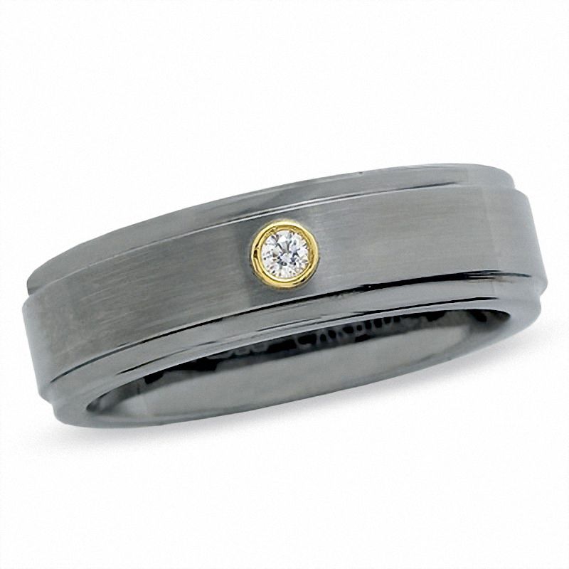 Main Image 1 of Diamond Accent Wedding Band in Tungsten and 18K White Gold - Size 10