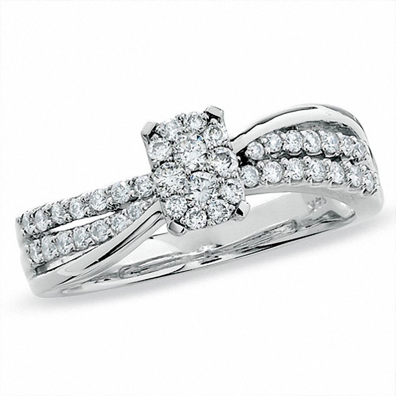 Main Image 1 of 1/2 CT. T.W. Diamond Emerald-Shape Flower Ring in 14K White Gold