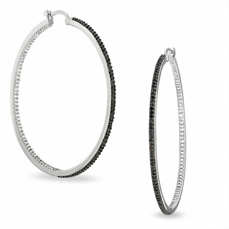 Main Image 1 of 1 CT. T.W. Enhanced Black and White Diamond Hoop Earrings in 10K White Gold