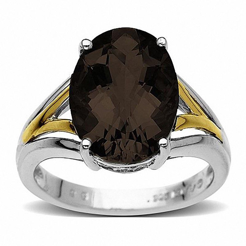 Oval Smoky Quartz Split Shank Ring in Sterling Silver and 14K Gold