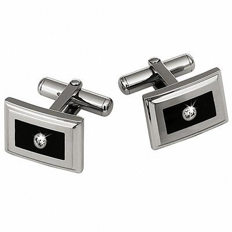 Men's Stainless Steel and Black Enamel Cuff Links with Diamond Accents