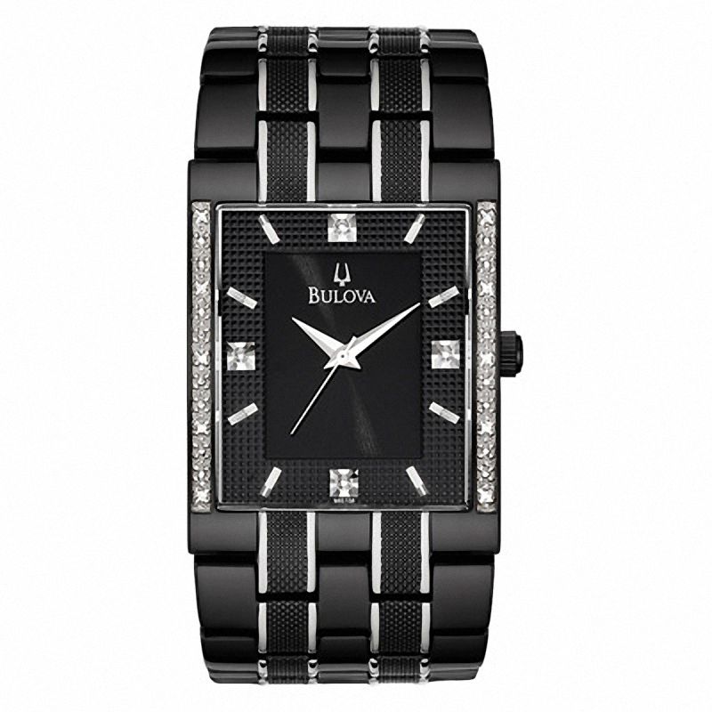 Men's Bulova Diamond Accent Two-Tone IP Watch with Square Black Dial (Model: 98E108)