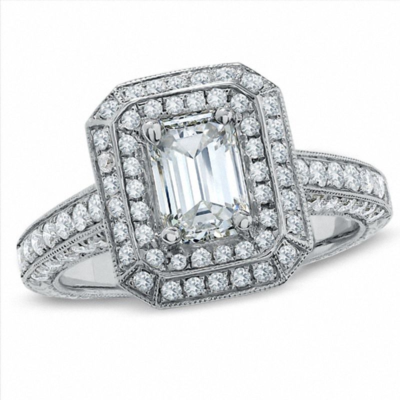 Main Image 1 of 2 CT. T.W. Certified Framed Emerald-Cut Diamond Engagement Ring in 14K White Gold