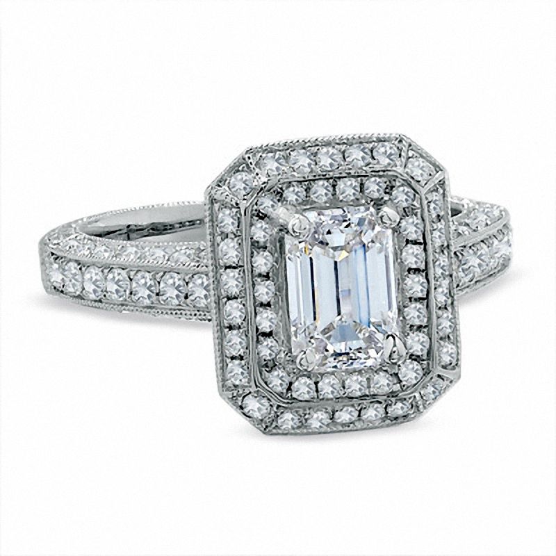 Main Image 4 of 2 CT. T.W. Certified Framed Emerald-Cut Diamond Engagement Ring in 14K White Gold