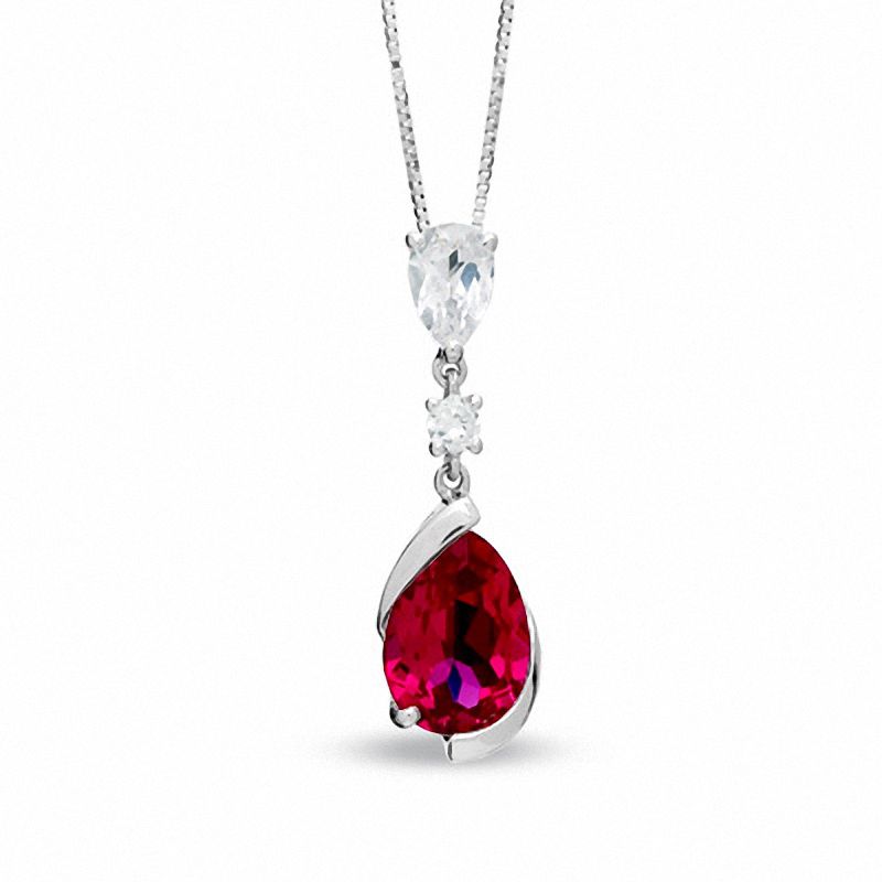 Main Image 1 of Pear-Shaped Lab-Created Ruby and White Sapphire Drop Pendant in 14K White Gold