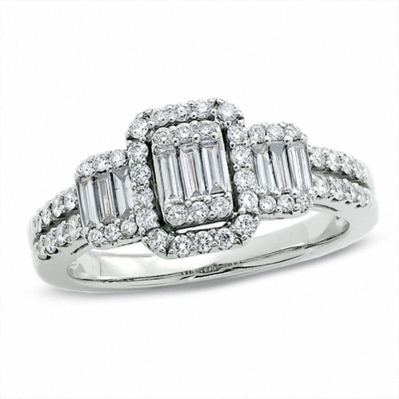 3/4 CT. T.W. Multi-Baguette Diamond Three Stone Ring in 14K White Gold