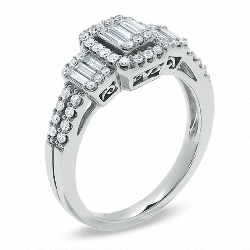 3/4 CT. T.W. Multi-Baguette Diamond Three Stone Ring in 14K White Gold