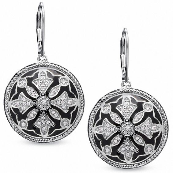 1/5 CT. T.w. Diamond and Black Enamel Leverback Earrings in Sterling Silver