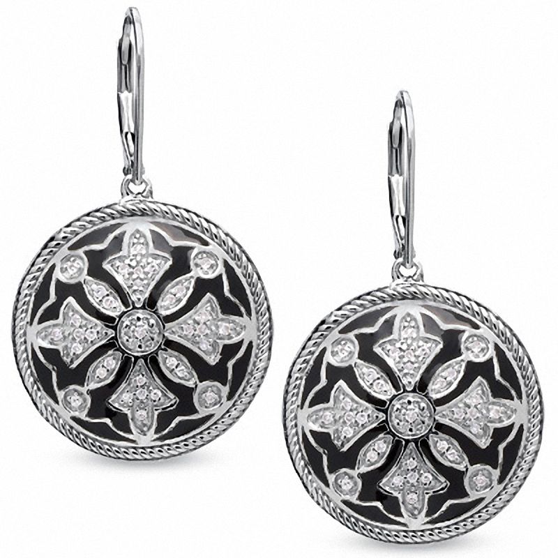 Main Image 1 of 1/5 CT. T.W. Diamond and Black Enamel Leverback Earrings in Sterling Silver