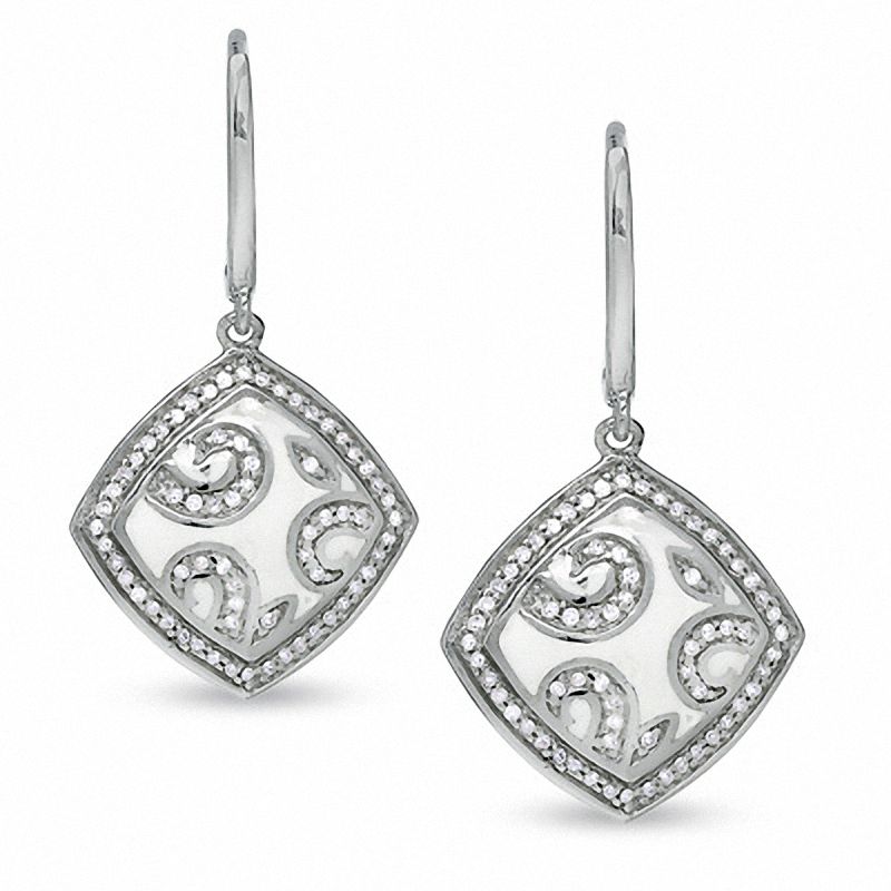 Main Image 1 of 1/3 CT. T.W. Diamond White Enamel Swirl Leverback Earrings in Sterling Silver