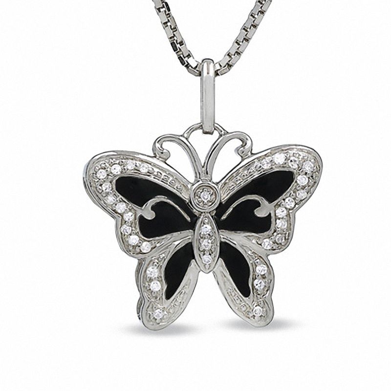 Main Image 1 of Diamond Accent Black Enamel Butterfly Pendant in Sterling Silver