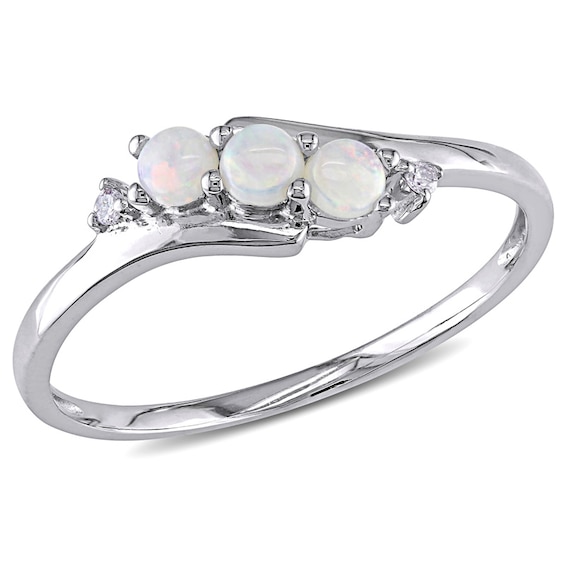 Opal Three Stone Slant Ring in 10K White Gold with Diamond Accents