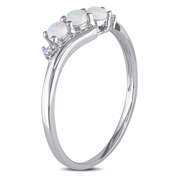 Opal Three Stone Slant Ring in 10K White Gold with Diamond Accents