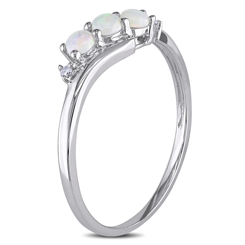 Opal Three Stone Slant Ring in 10K White Gold with Diamond Accents