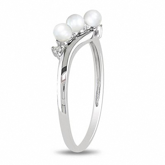 3.0-3.5mm Freshwater Cultured Pearl and Diamond Accent Three Stone Bypass Ring in 10K White Gold