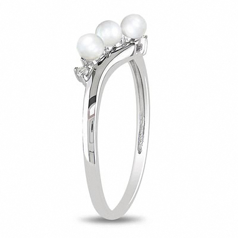 3.0 - 3.5mm Cultured Freshwater Pearl and Diamond Accent Three Stone Bypass Ring in 10K White Gold