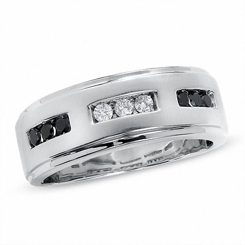 Men's 1/3 CT. T.W. Enhanced Black and White Diamond Three Channel Band in 14K White Gold