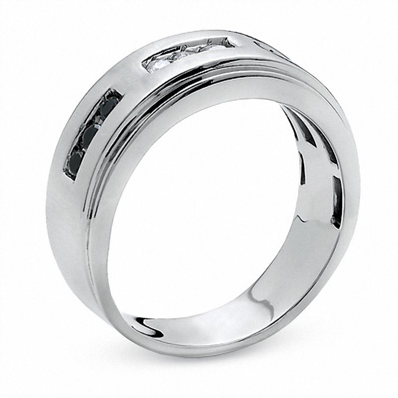 Men's 1/3 CT. T.W. Enhanced Black and White Diamond Three Channel Band in 14K White Gold